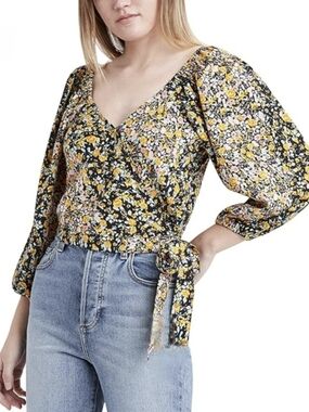 BNWT BCBGeneration Wrap Blouse M Floral Black Yellow Cottagecore Boho Career